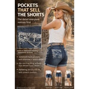 Amethyst Jeans Women Blue Denim Bermuda Shorts Rhinestone Pocket 7 Dark Wash